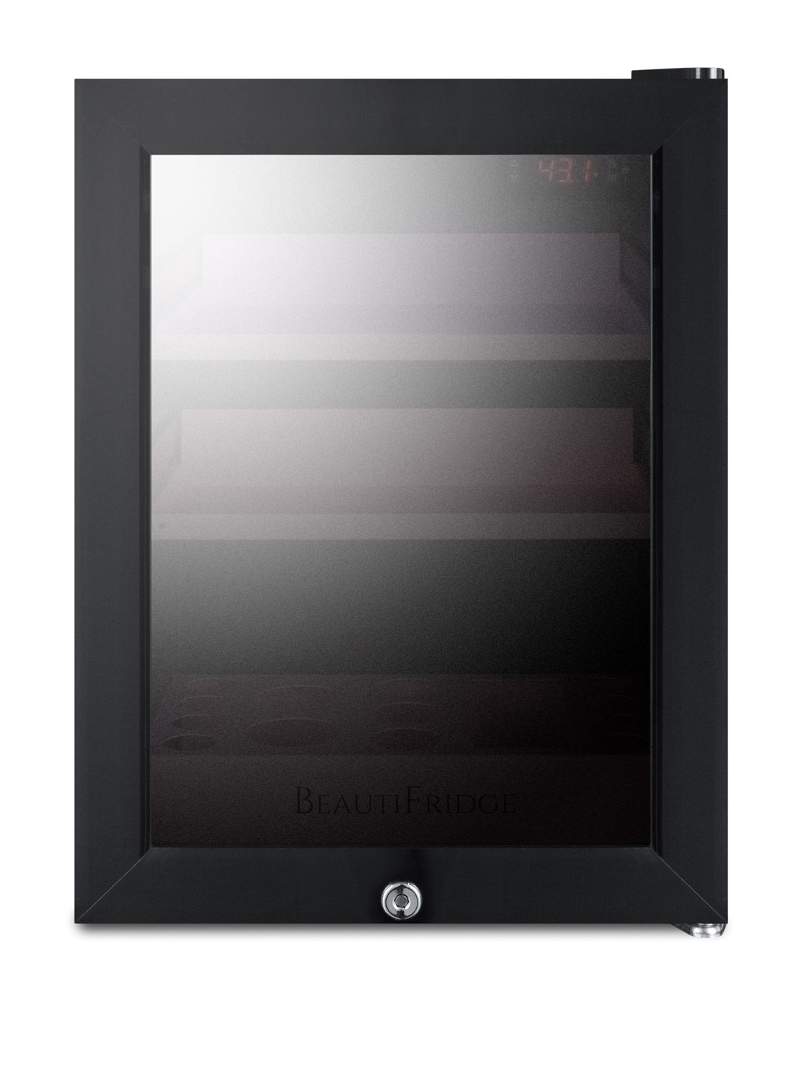 BeautiFridge compact cosmetics cooler with mirror-tinted glass door, black cabinet, lock, matte blush pink shelves, and digital controls set for the storage of beauty products